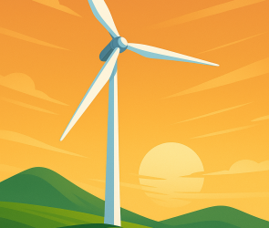 Illustration of a futuristic two-blade wind turbine on a hillside