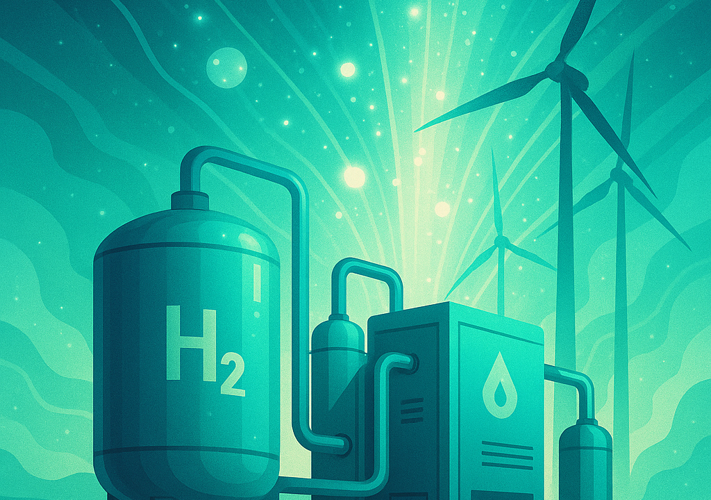 Illustration of a futuristic hydrogen electrolysis facility with wind turbines.