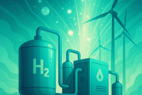 Illustration of a futuristic hydrogen electrolysis facility with wind turbines.