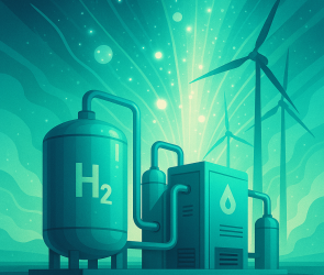 Illustration of a futuristic hydrogen electrolysis facility with wind turbines.