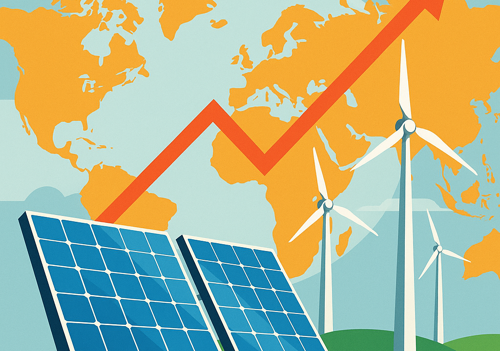 Infographic showing growth of solar and wind energy with upward arrow representing renewable electricity increase.