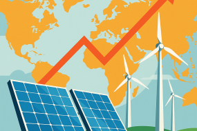Infographic showing growth of solar and wind energy with upward arrow representing renewable electricity increase.