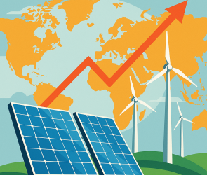 Infographic showing growth of solar and wind energy with upward arrow representing renewable electricity increase.