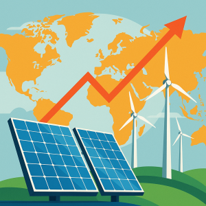 Infographic showing growth of solar and wind energy with upward arrow representing renewable electricity increase.