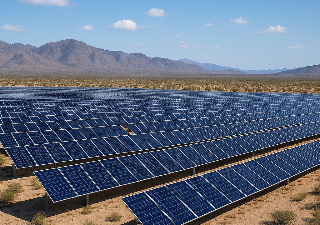 A vast desert solar farm with rows of solar panels under a bright blue sky, representing utility-scale solar energy projects.