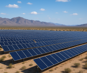 A vast desert solar farm with rows of solar panels under a bright blue sky, representing utility-scale solar energy projects.