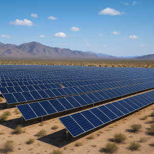 A vast desert solar farm with rows of solar panels under a bright blue sky, representing utility-scale solar energy projects.