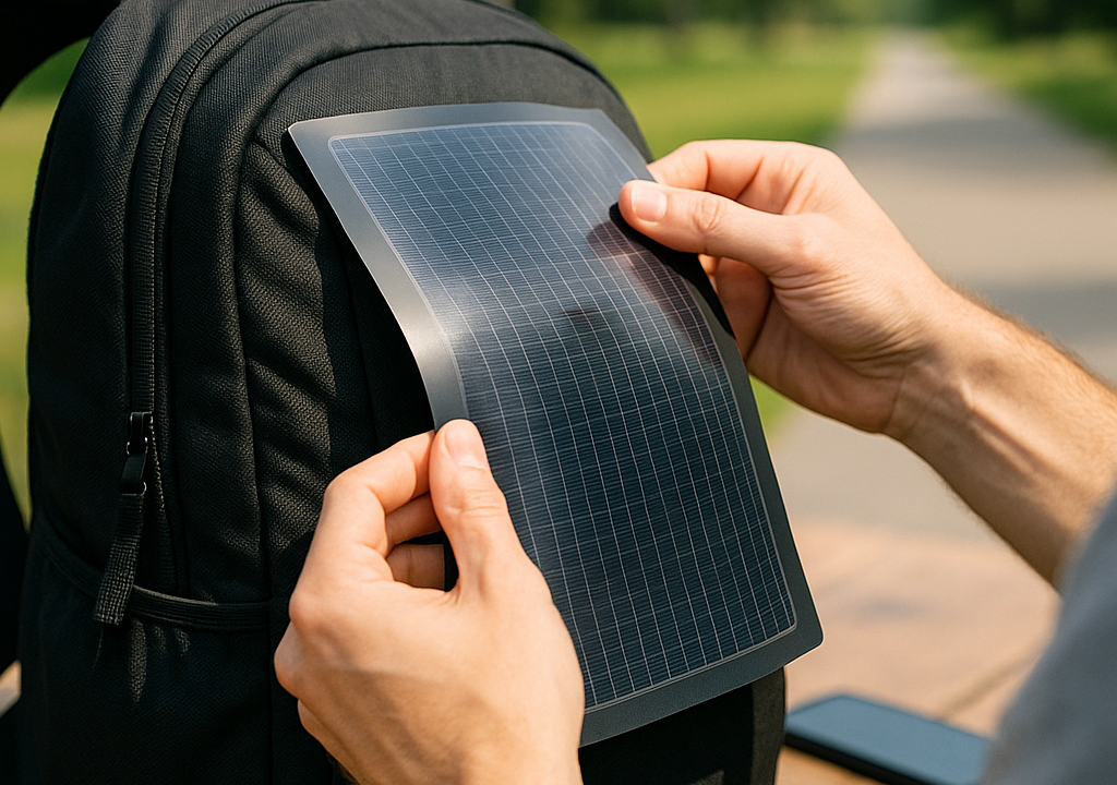 Flexible multi-junction perovskite solar cell integrated into a backpack demonstrating portable thin-film solar technology.