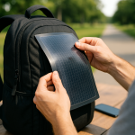 Flexible multi-junction perovskite solar cell integrated into a backpack demonstrating portable thin-film solar technology.