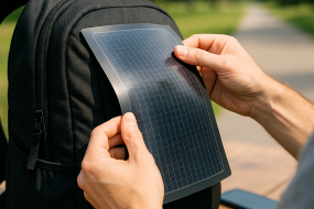Flexible multi-junction perovskite solar cell integrated into a backpack demonstrating portable thin-film solar technology.