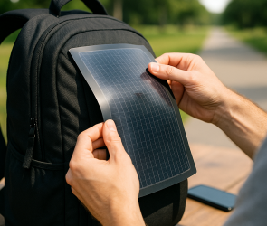 Flexible multi-junction perovskite solar cell integrated into a backpack demonstrating portable thin-film solar technology.