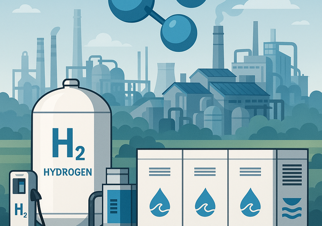 Industrial plant with green hydrogen tanks and electrolyzer equipment representing clean hydrogen technology.