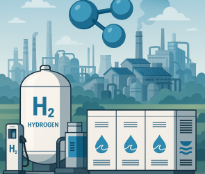 Industrial plant with green hydrogen tanks and electrolyzer equipment representing clean hydrogen technology.