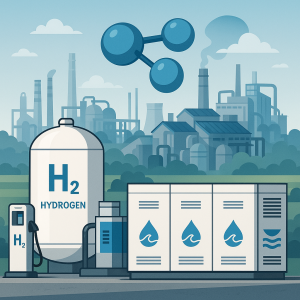 Industrial plant with green hydrogen tanks and electrolyzer equipment representing clean hydrogen technology.