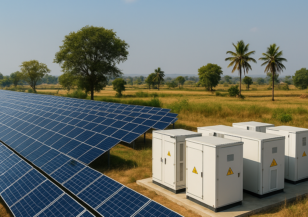 Solar panels and battery storage units at a renewable energy facility in India.