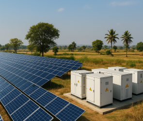 Solar panels and battery storage units at a renewable energy facility in India.
