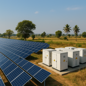 Solar panels and battery storage units at a renewable energy facility in India.