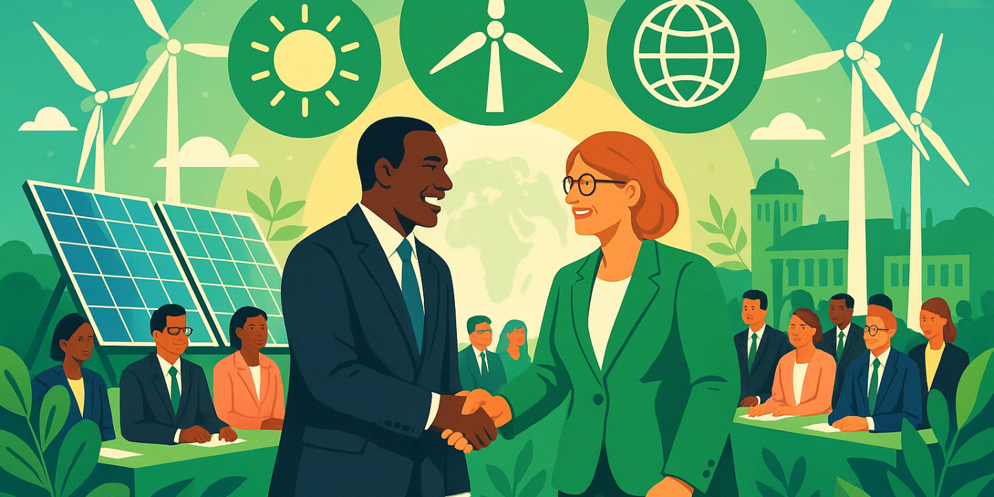 Illustration of COP28 agreement handshake in front of wind turbines and solar panels.