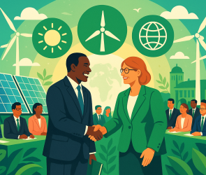 Illustration of COP28 agreement handshake in front of wind turbines and solar panels.