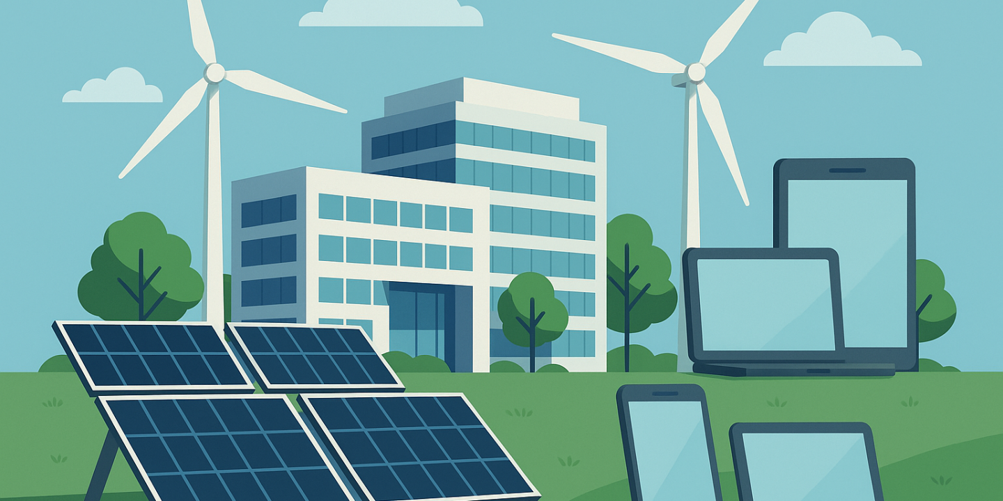 Corporate campus with solar panels and green surroundings symbolising Apple's clean energy initiatives.