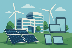 Corporate campus with solar panels and green surroundings symbolising Apple's clean energy initiatives.