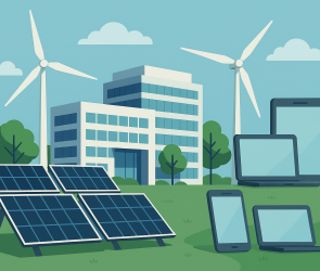 Corporate campus with solar panels and green surroundings symbolising Apple's clean energy initiatives.