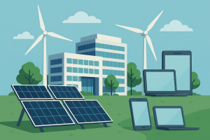 Corporate campus with solar panels and green surroundings symbolising Apple's clean energy initiatives.